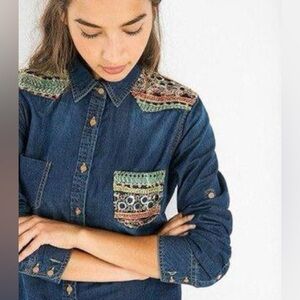 Desigual Blue Button Down Shirt with Embroidered Accents, Size S